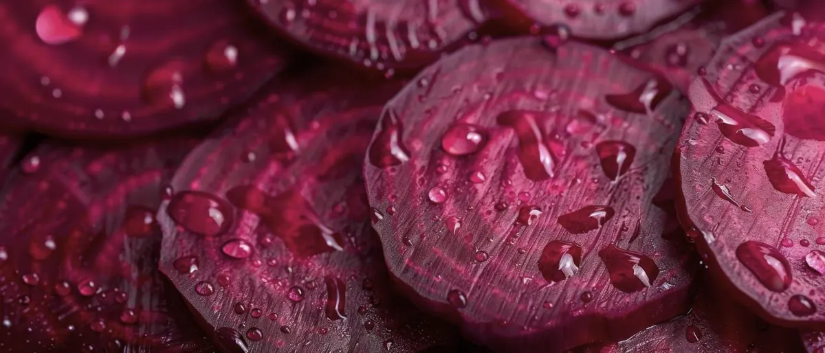 Close-up of freshly sliced beetroot with water droplets — nutrient-dense produce