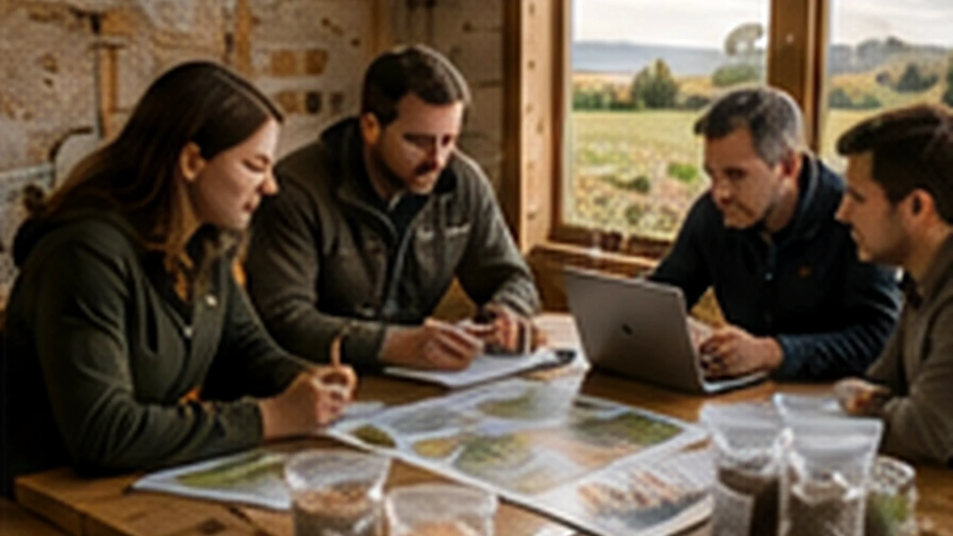 Rootstock Advisory — agronomy team around a farmhouse table