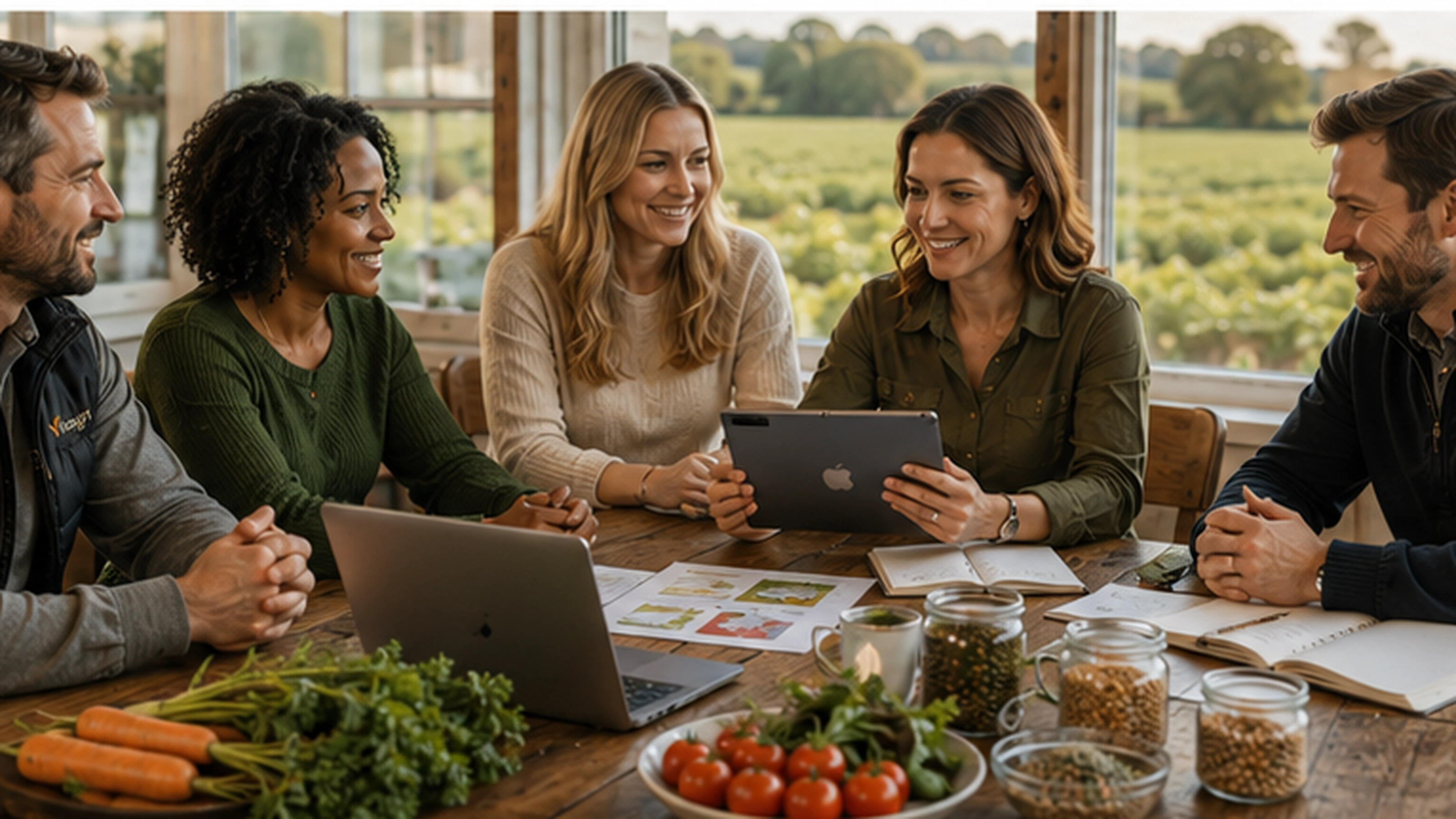 A group leader and members collaborating around a table with produce and a tablet