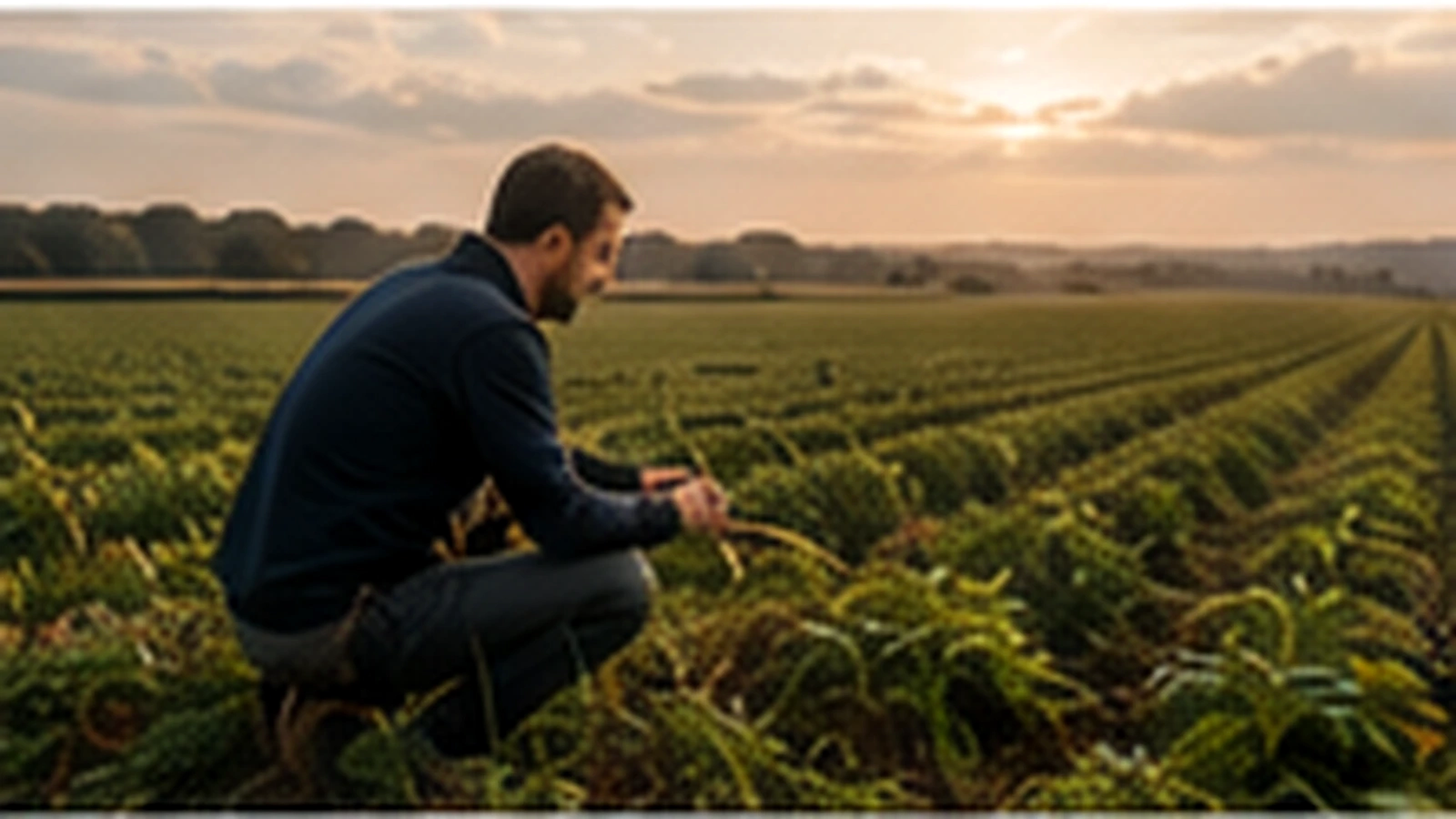 Independent agronomist inspecting a crop in a field at first light