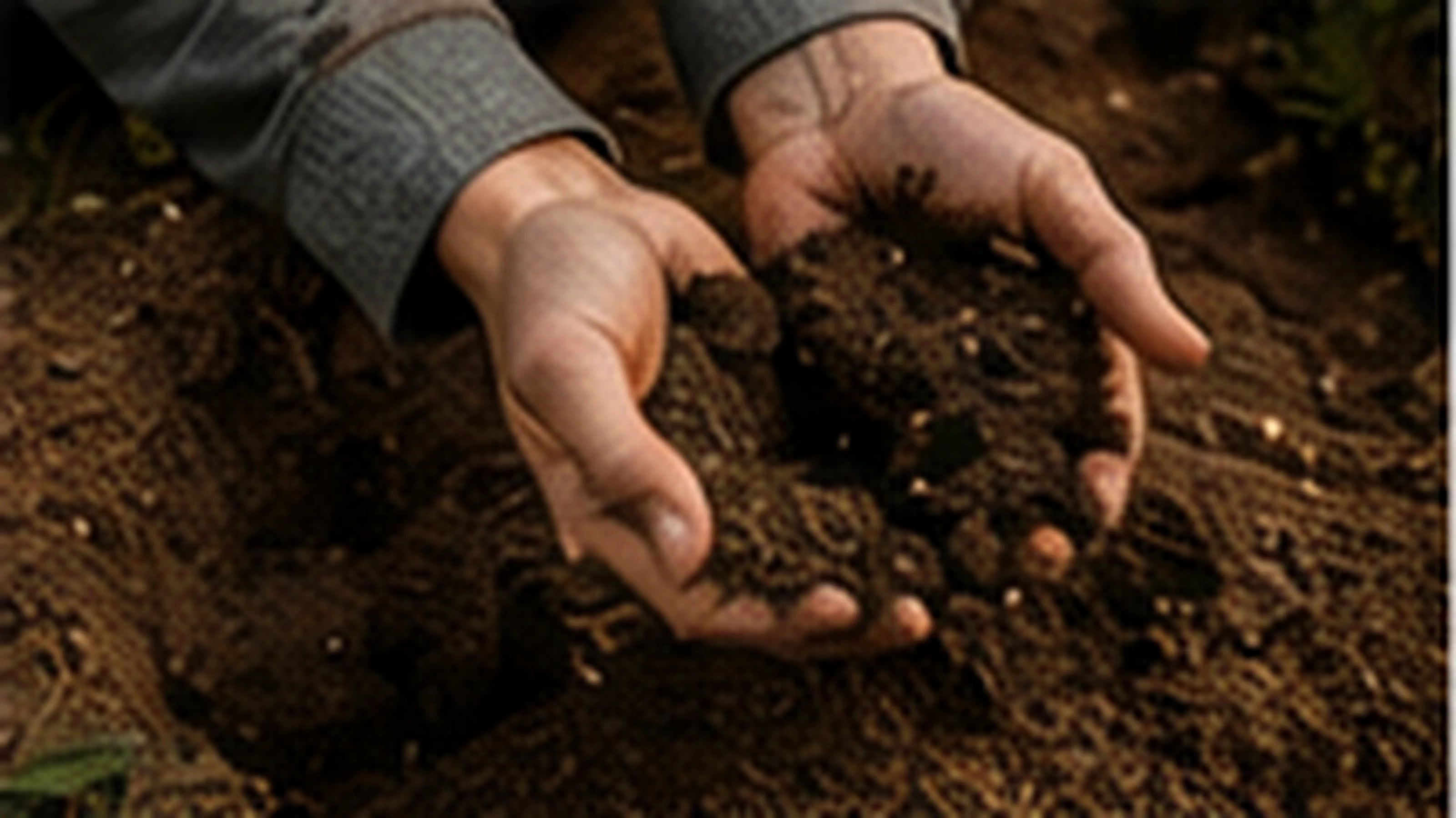 Weathered hands crumbling dark, healthy topsoil at a field margin