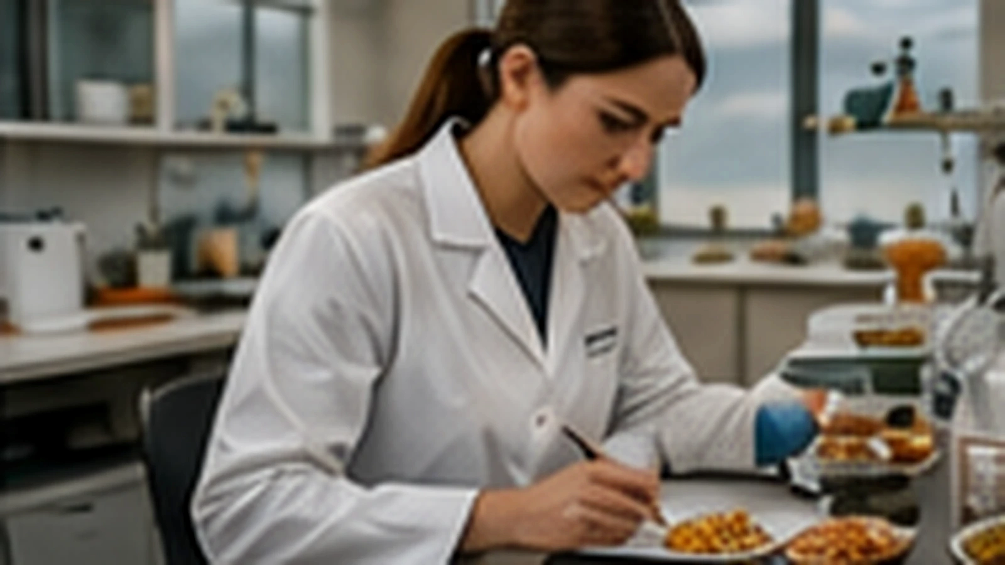 Registered nutritionist reviewing a product at a development-kitchen bench