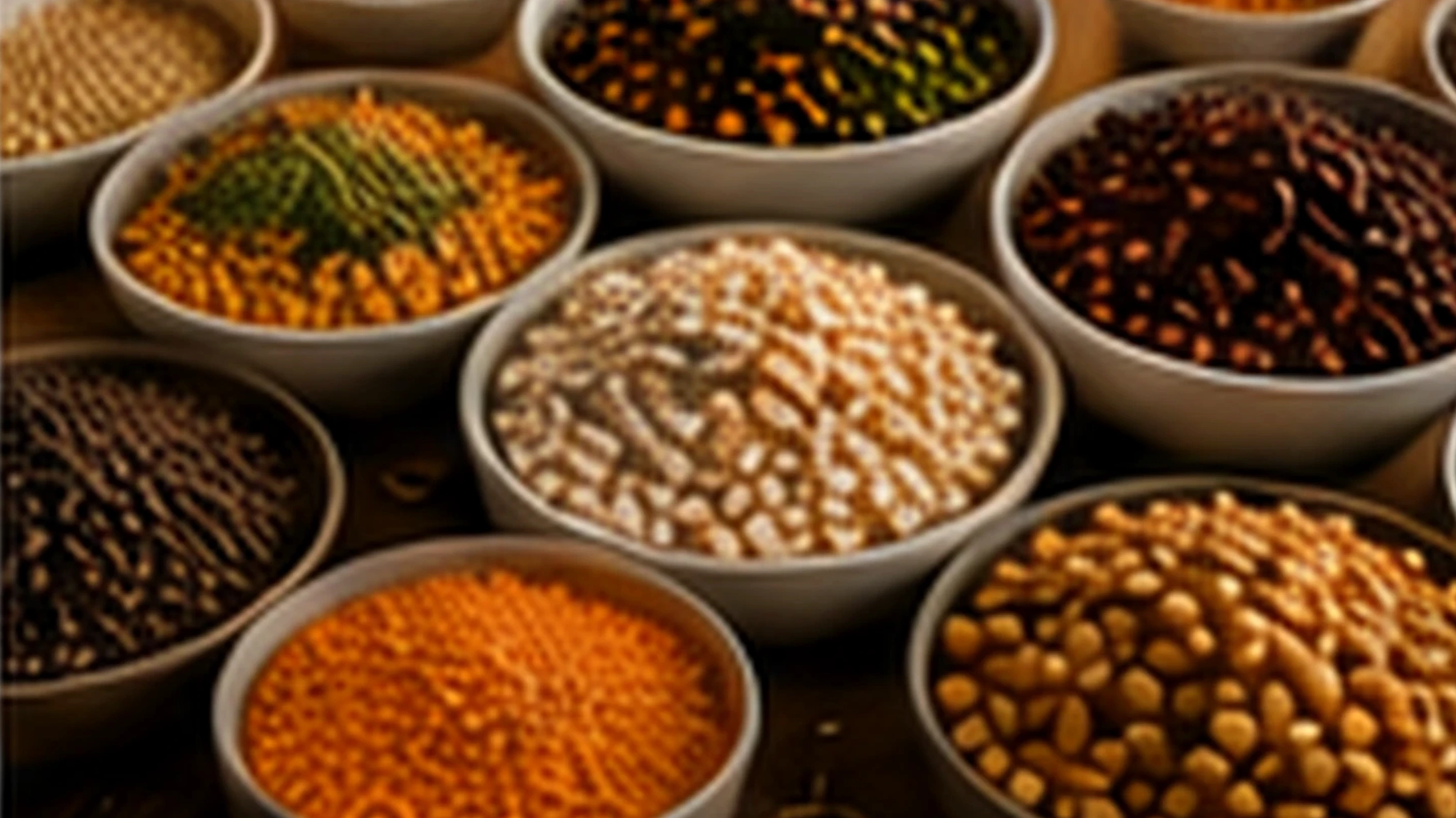 Bowls of pulses, grains and lentils on a kitchen bench