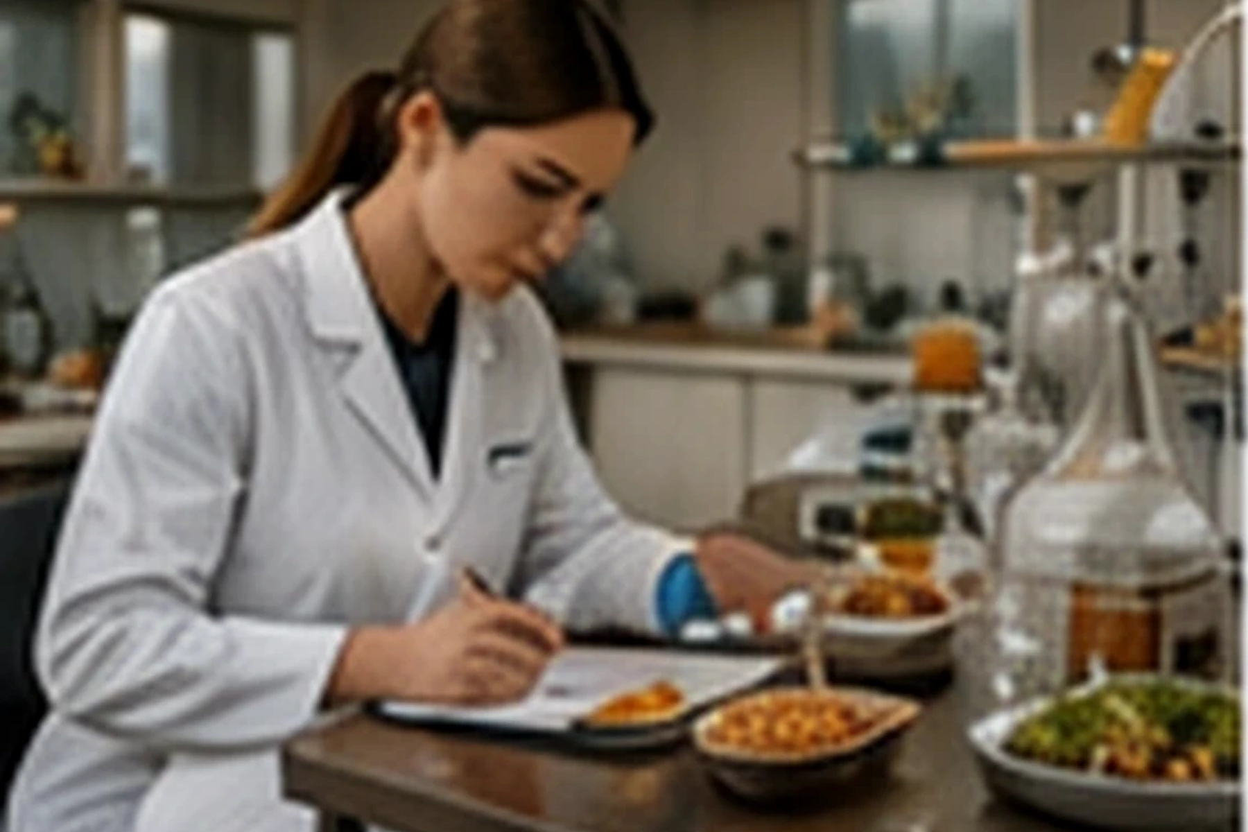 A team advisor reviewing food products at a development-kitchen bench