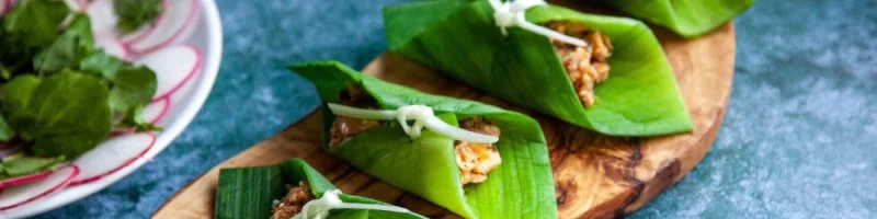 Charred leek wraps with watercress and radish, plated on an olive board