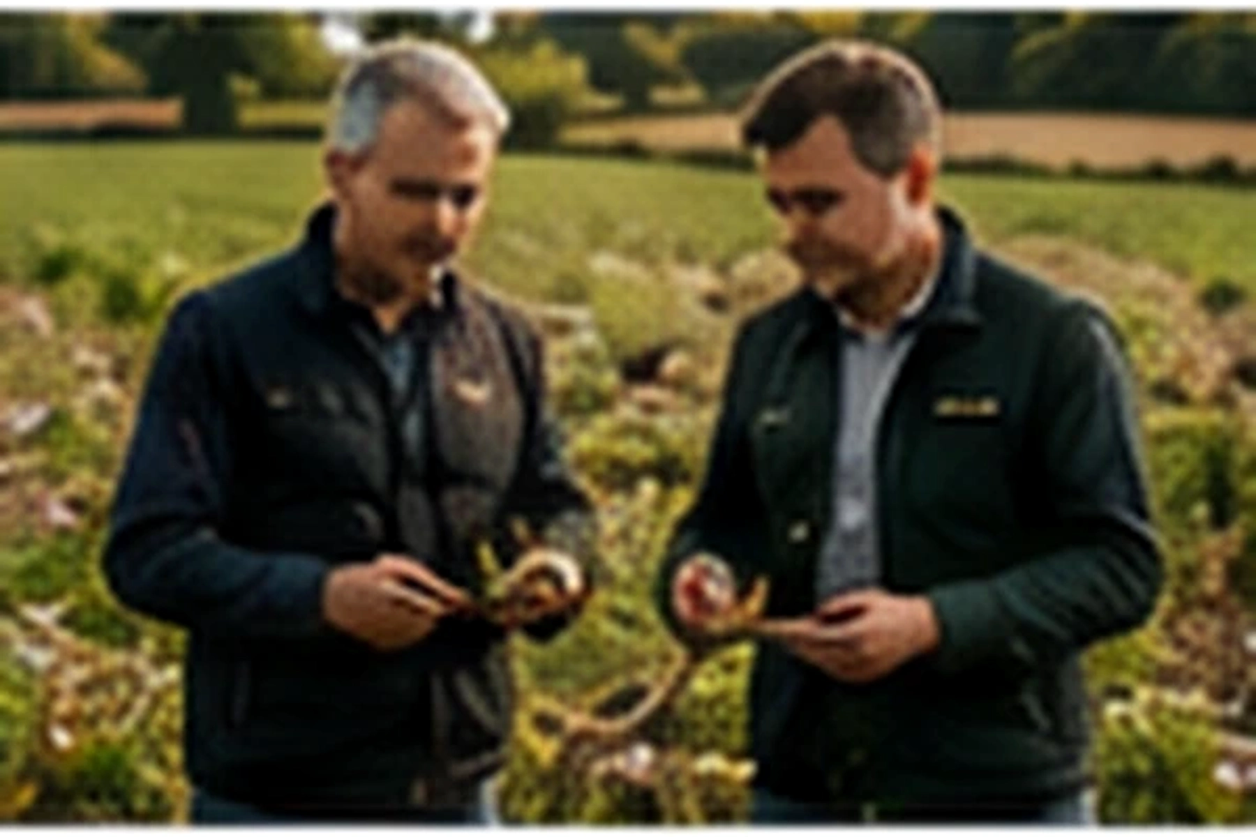 Agronomist and farmer examining crop in a field