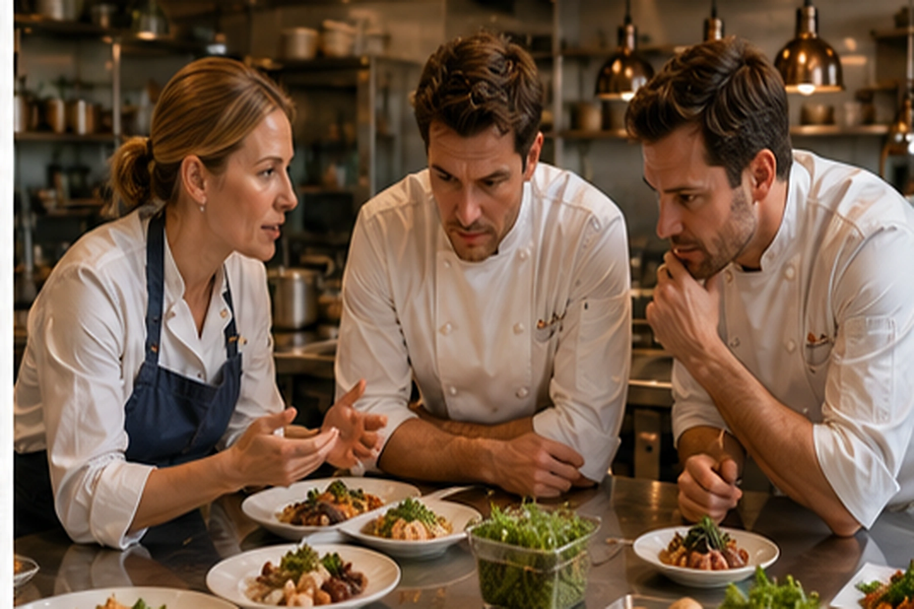 Chef advisor and head chefs at a kitchen tasting bench