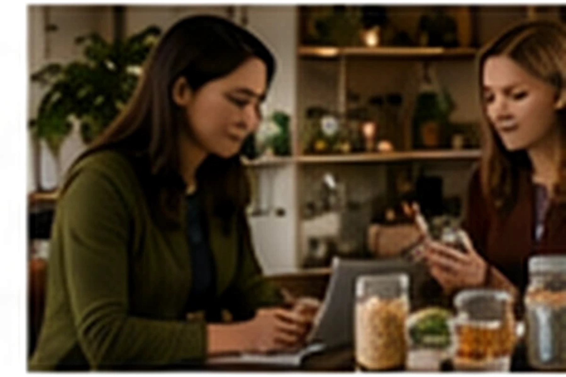 Nutritionist and food-business client reviewing a product at a kitchen bench
