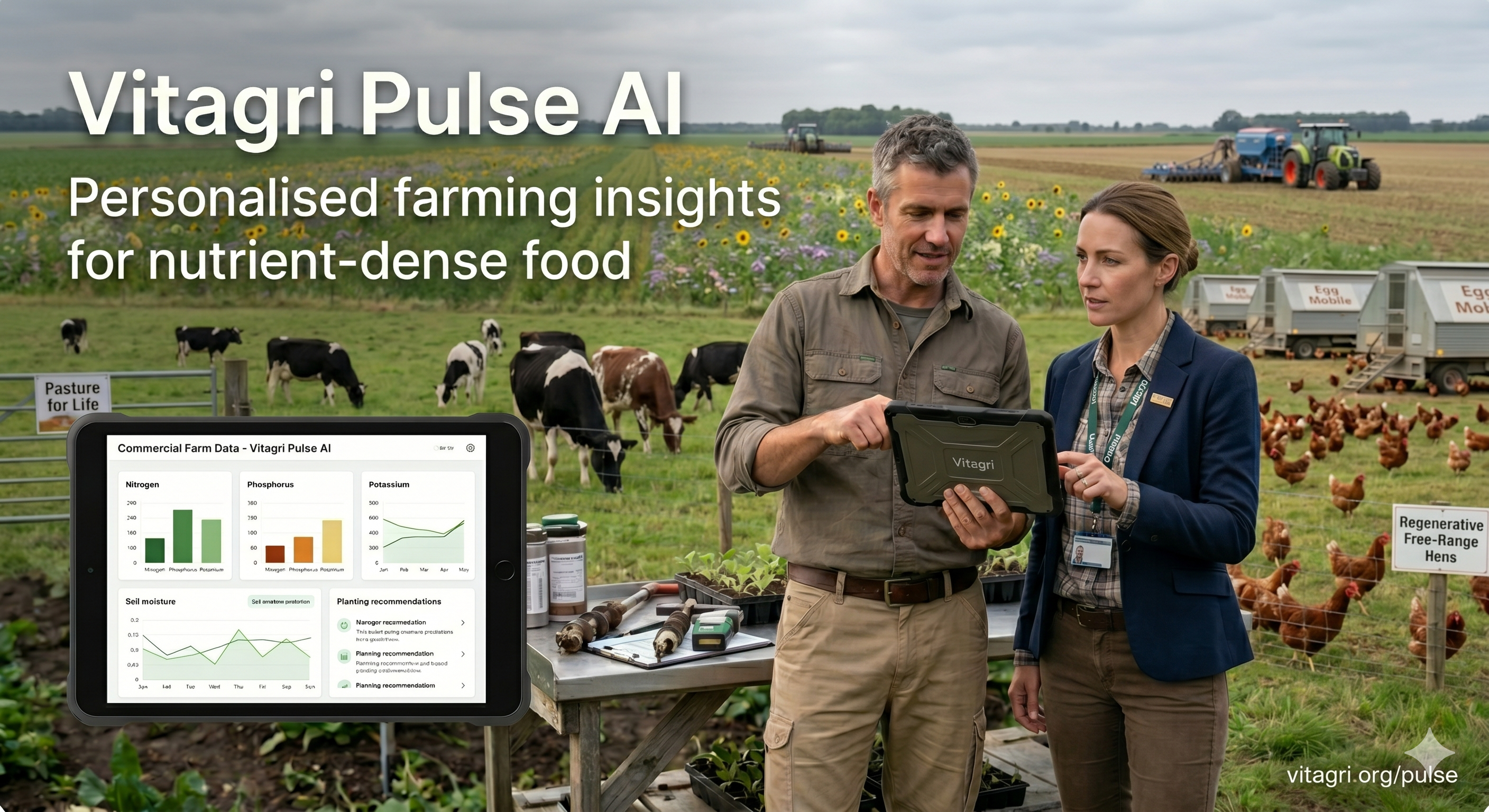 Vitagri Pulse AI in use on a regenerative farm — farmer and advisor reviewing commercial farm data on a rugged tablet, with pasture, cows and free-range hens in the background